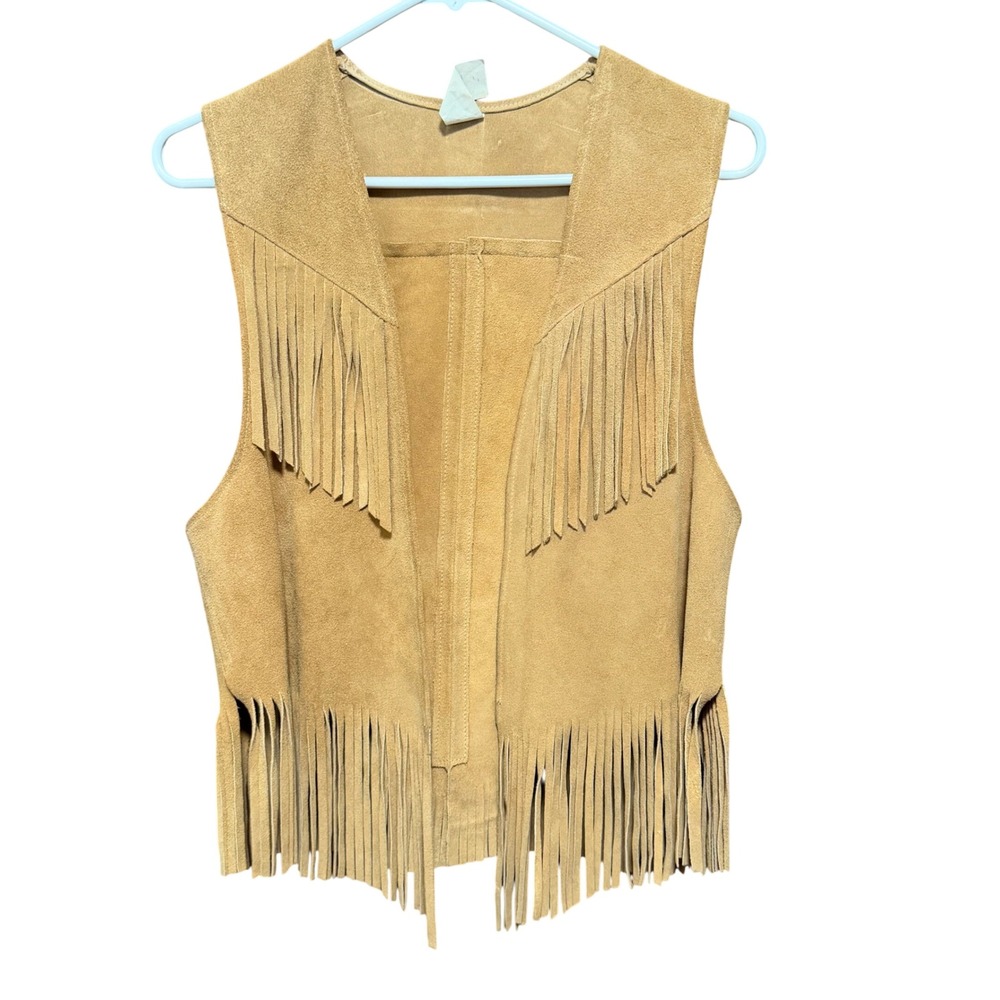 Vintage Tan Suede Leather Fringe Vest Womens Large Western Boho Festival 70s